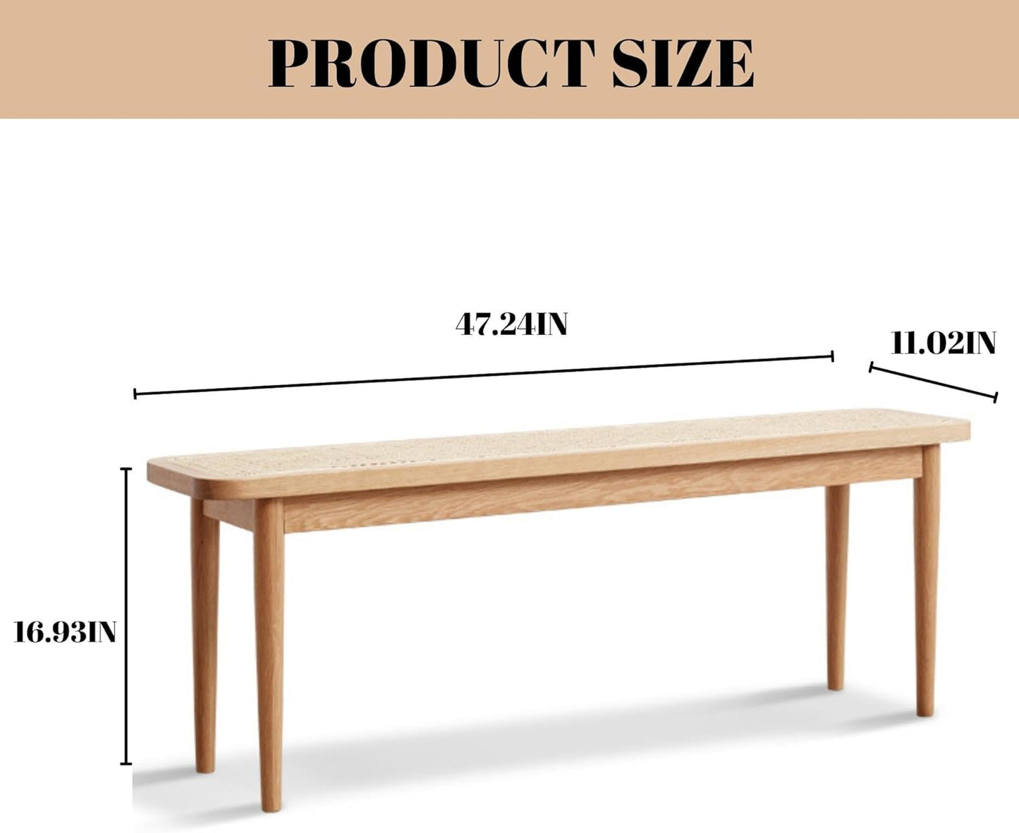 100% Oak Solid Wood Bedroom Bench, Rattan Bench Natural / Black / Walnut Color (31.49"/ 39.37"/ 47.24")