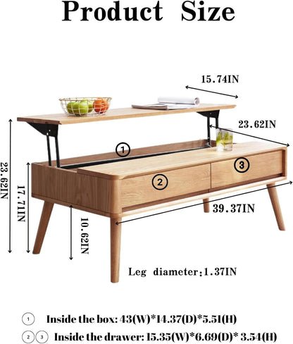 100% Solid Oak Lift Top Coffee Table with Storage Shelf Natural / Walnut Colour (39.37"/ 47.24")