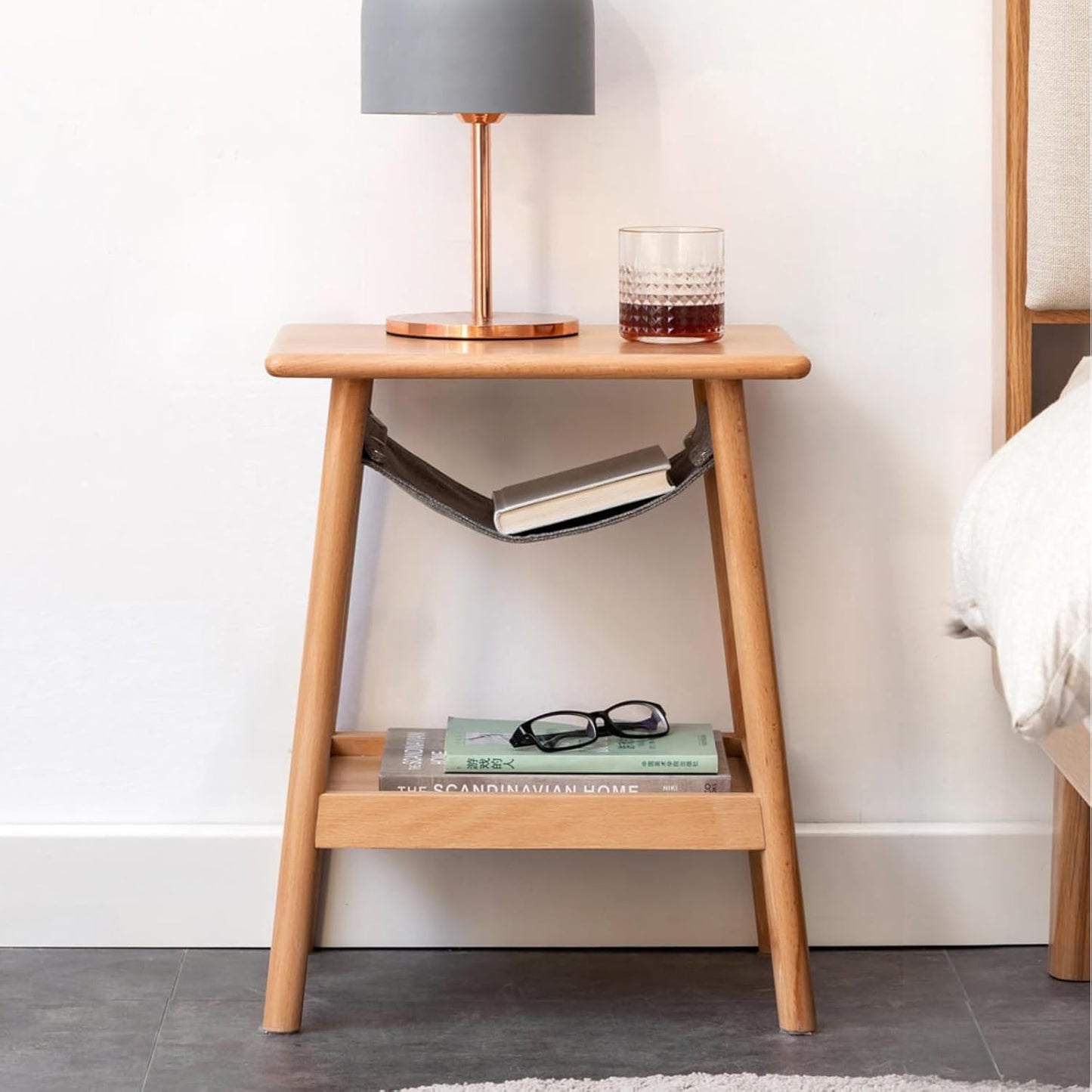 100% Solid Oak Wood Side Table/End Table Nightstand with Storage Holder Bag (Natural/Walnut)