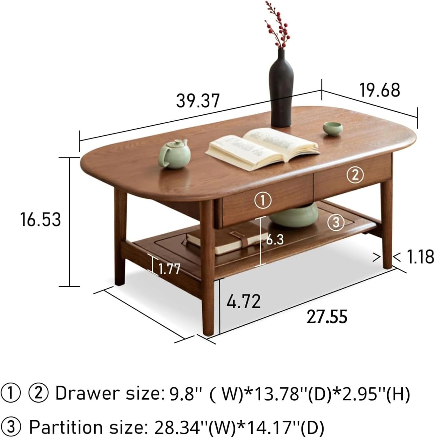 100% Solid Wood Coffee Table Walnut Coloured Two Layers (39.37"/ 47.27"）