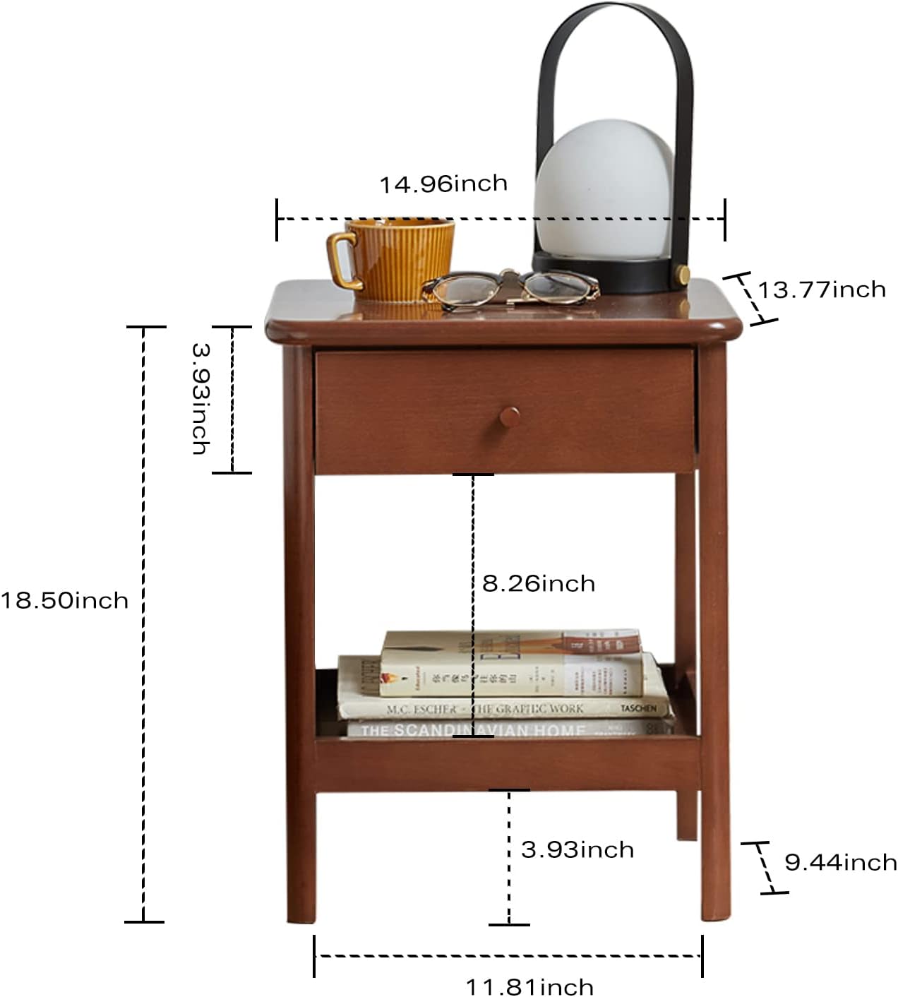 100% Solid Wood Bedside Table Single Drawer Open Design Partition Nightstand  (Natural/Walnut)