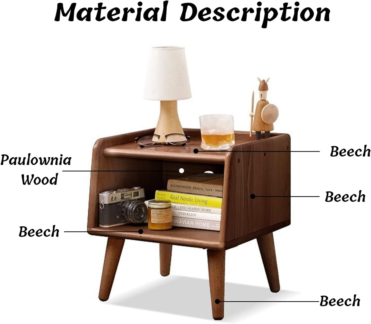 100% Solid Wood Bedside Table, Small Nightstand (Natural/Walnut)