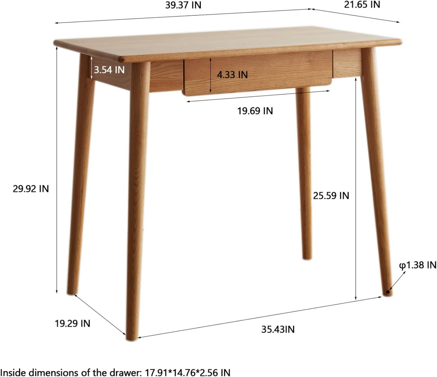 100% Solid Wood Home Office Desk with Storage Natural Color Standing Desk with Drawers (31.5"/ 39.37")