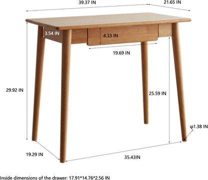 100% Solid Wood Home Office Desk with Storage Natural Color Standing Desk with Drawers (31.5"/ 39.37")