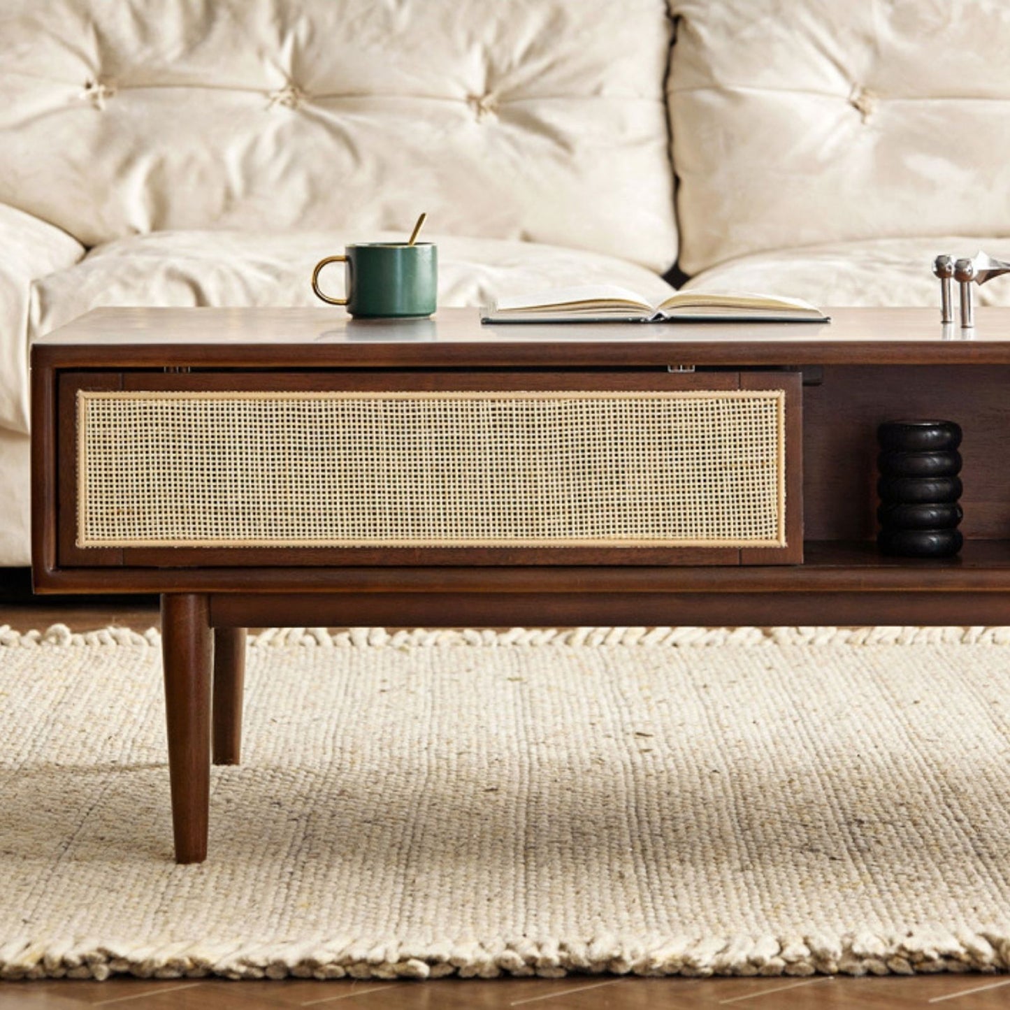 100% Soild Rubber Wood Modern Classic 100% Solid Wood Coffee Table with Rattan Sliding Door (Walnut)