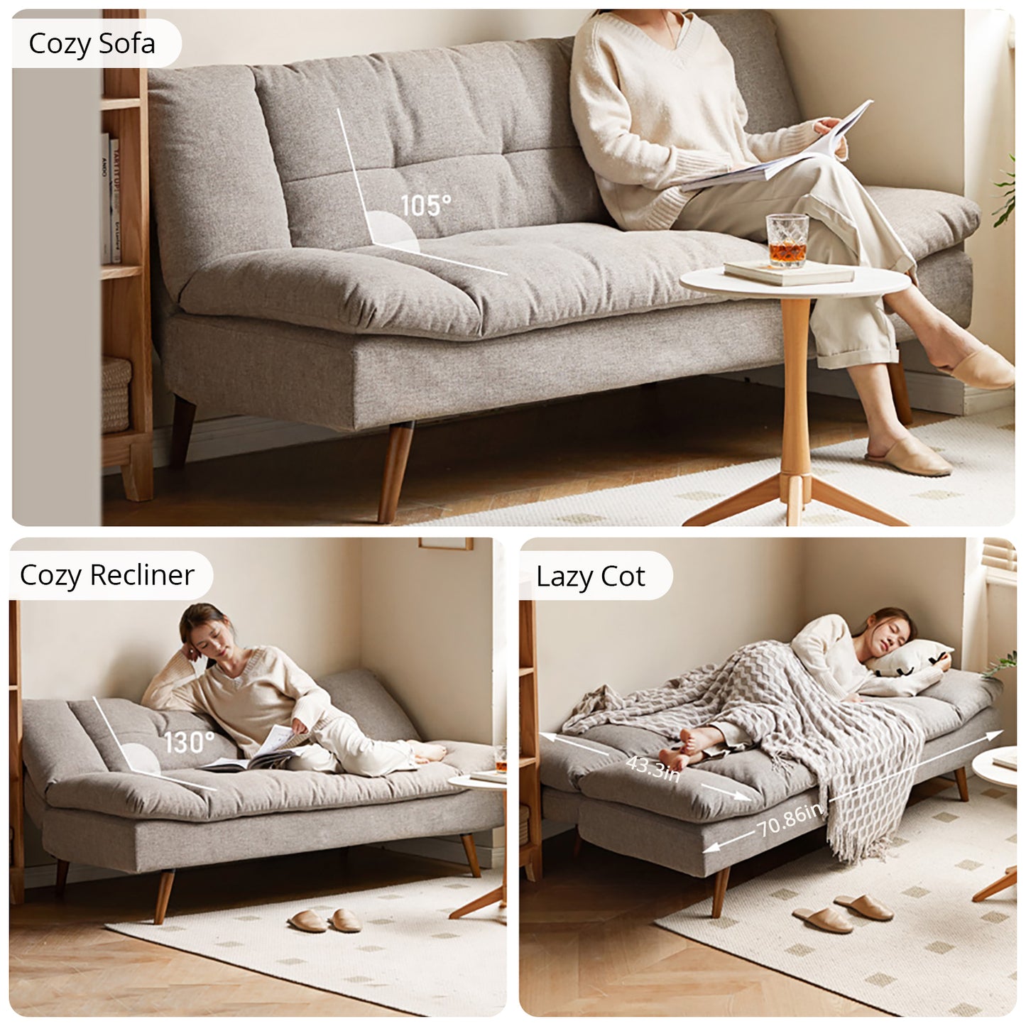 Convertible Sofa Bed - Modern Multi-Functional Foldable Design with Linen Fabric & Solid Wood Frame