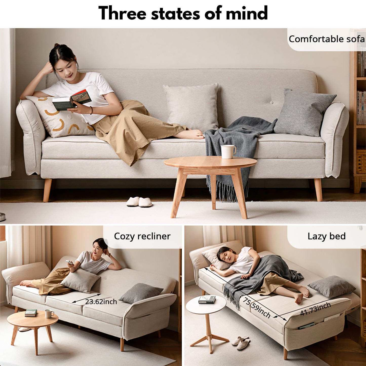 Scandinavian 3-Seater Sofa Bed - Space-Saving Foldable Design with Washable Linen & Solid Wood Frame