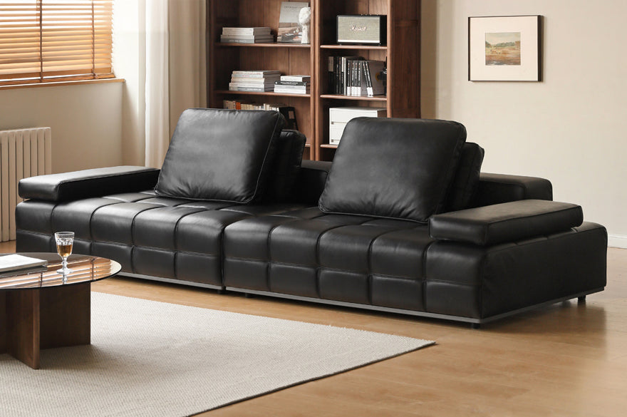 Lawrence Italian Minimalist Black Leather Sofa – Premium Top-Grain Crumple Leather