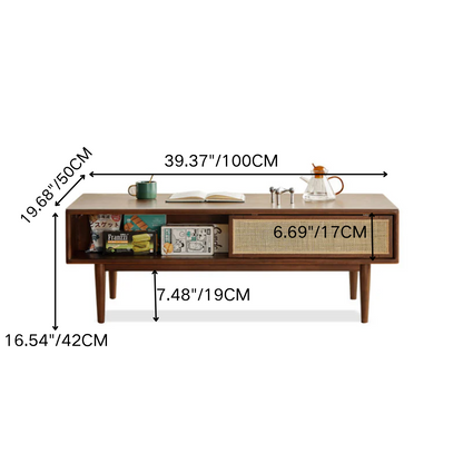 100% Soild Rubber Wood Modern Classic 100% Solid Wood Coffee Table with Rattan Sliding Door (Walnut)