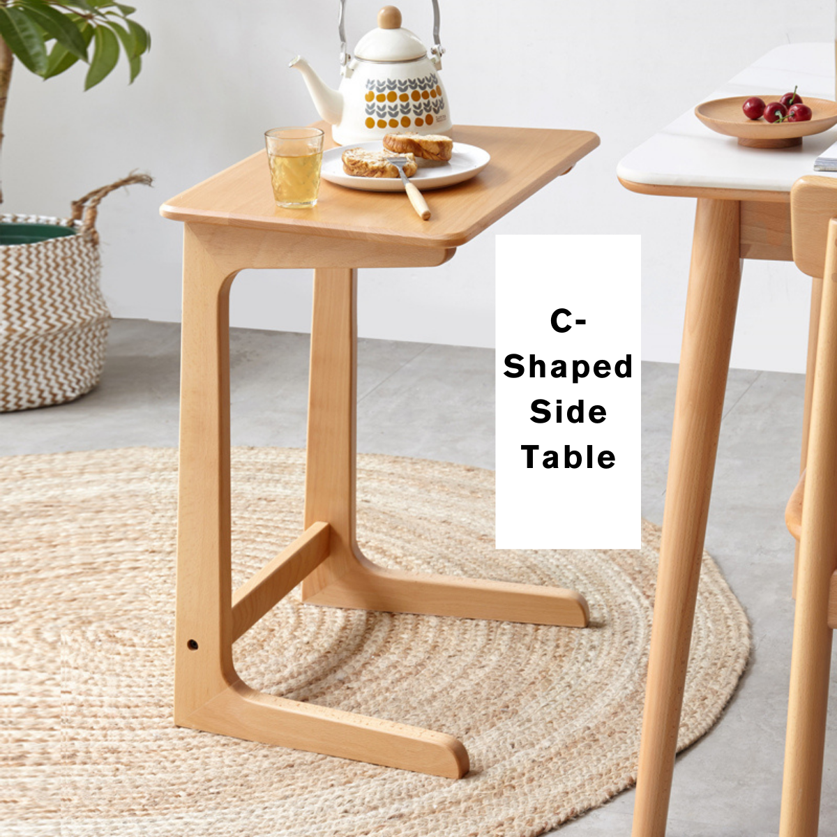 100% Solid Wood C-shaped Side Table for Small Spaces (Natural)