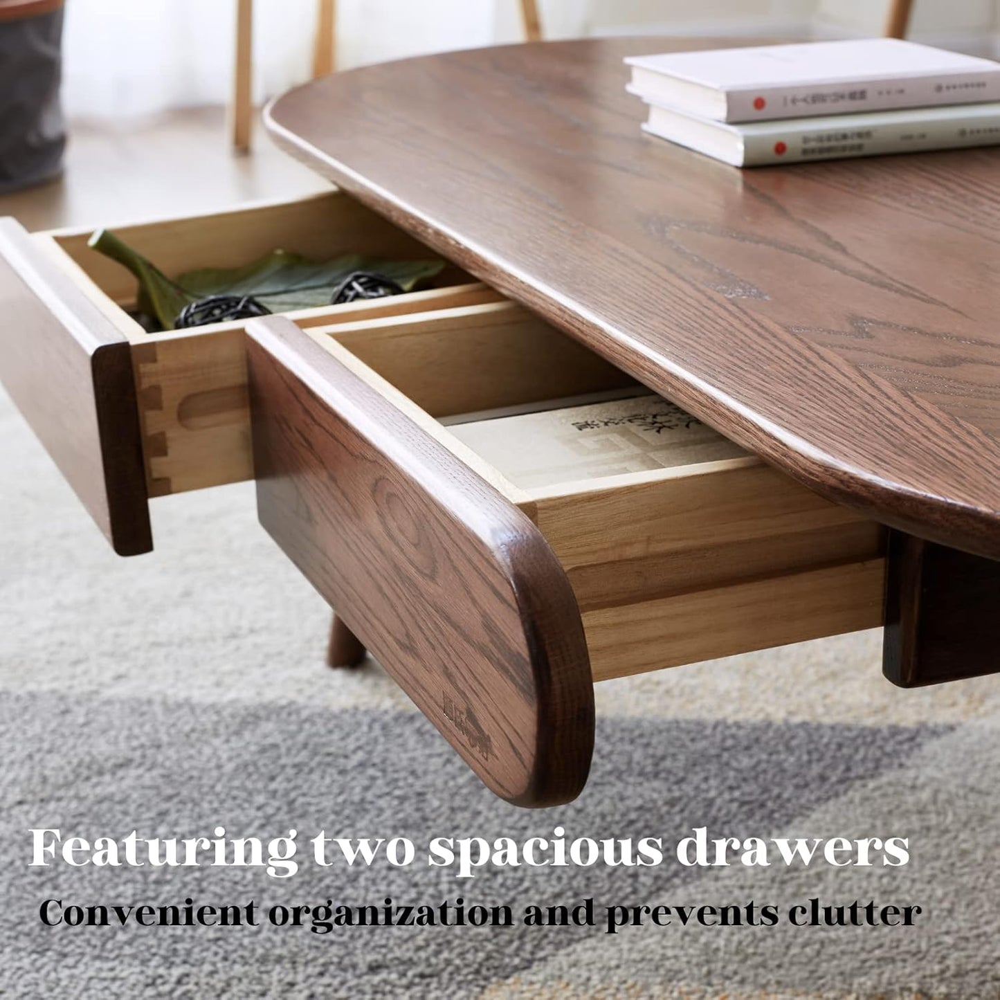 100% FAS Oak Coffee Table Space-Saving with 2 Drawers Walnut Color (39.37"/ 47.24")