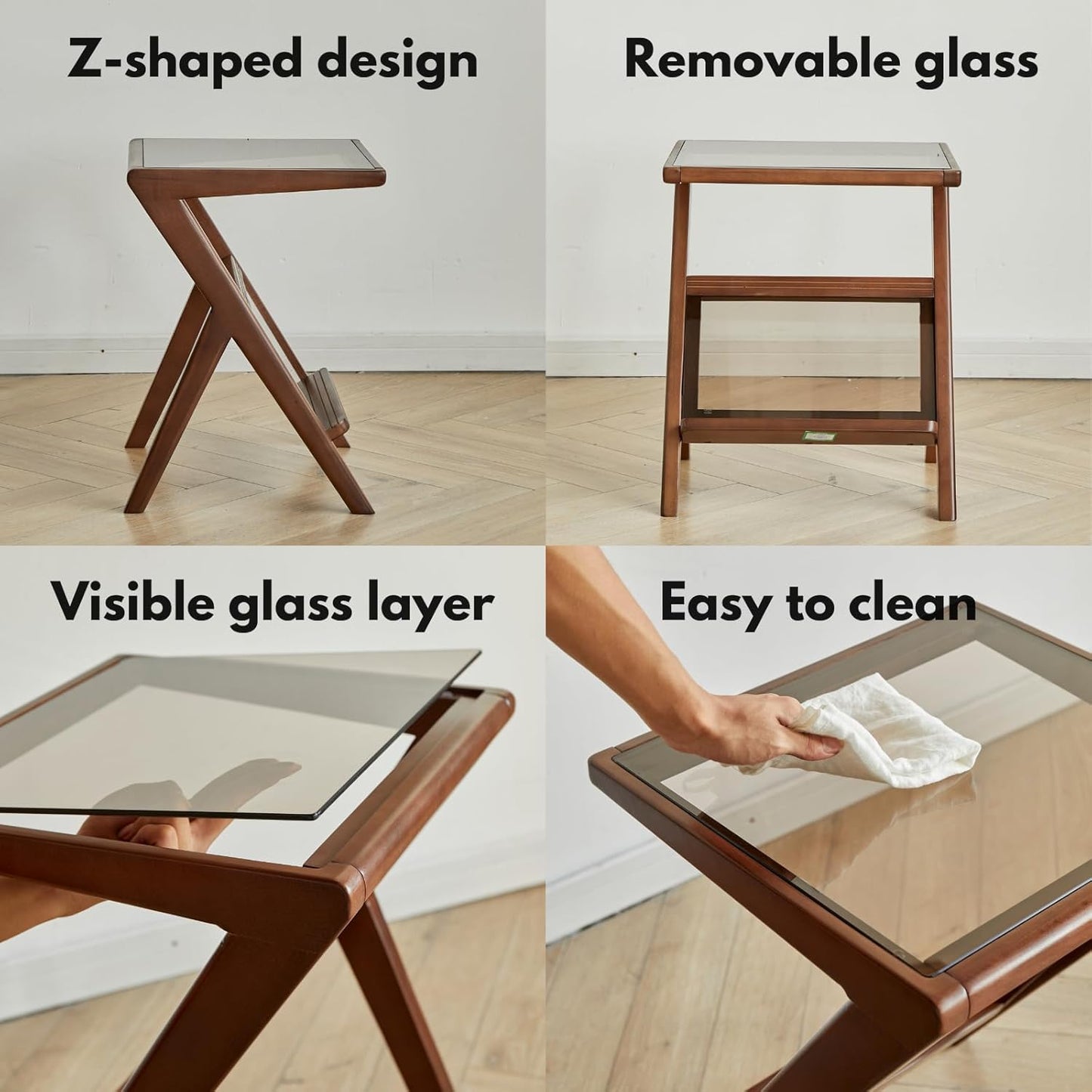 Z-Shaped Wood Side Table with Removable Glass Top (Walnut)