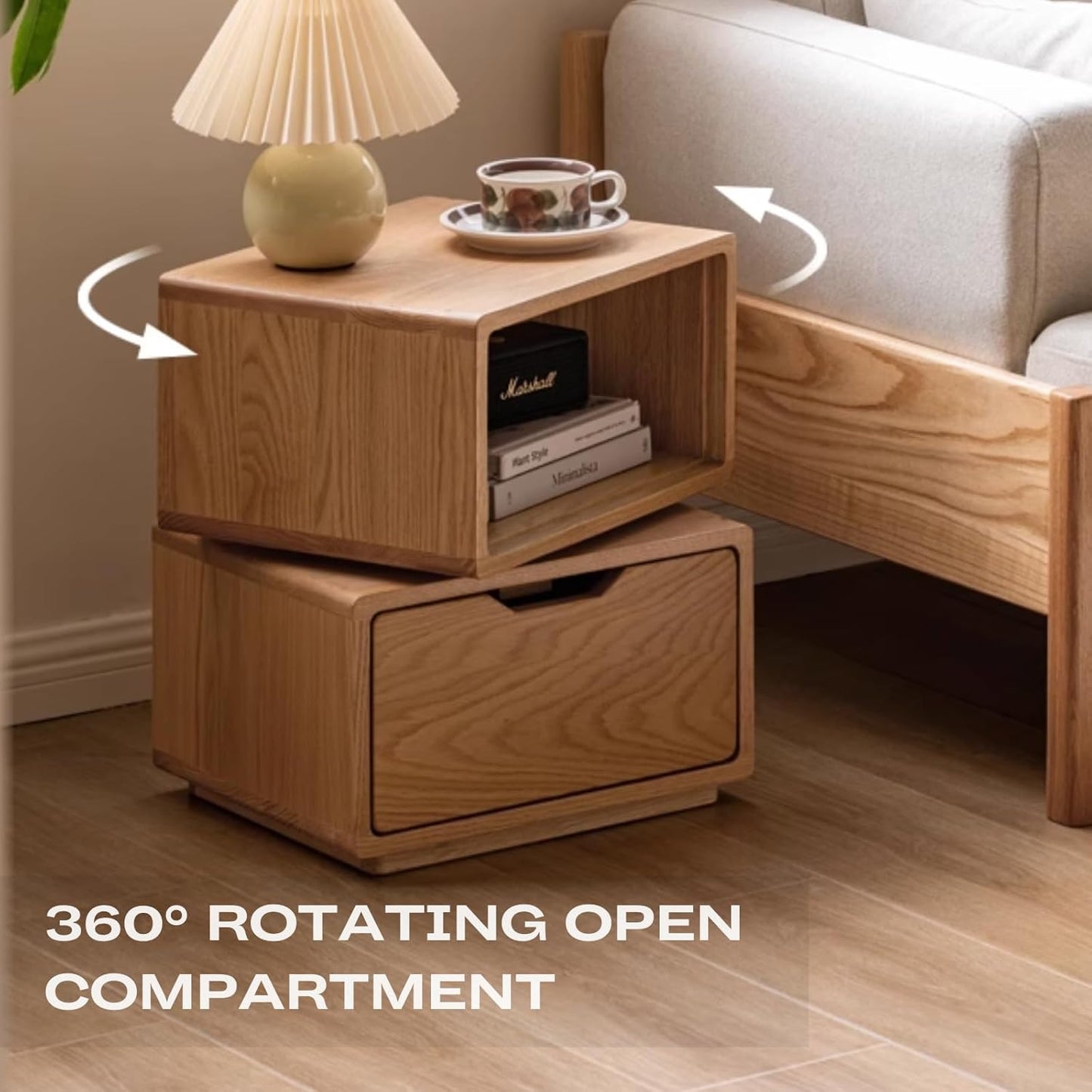 100% Solid Wood Oak Modern Rotatable Oak Night Stand and Rectangular End Tables