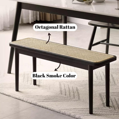 100% Oak Solid Wood Bedroom Bench, Rattan Bench (Black)