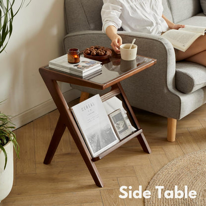 Z-Shaped Wood Side Table with Removable Glass Top (Walnut)