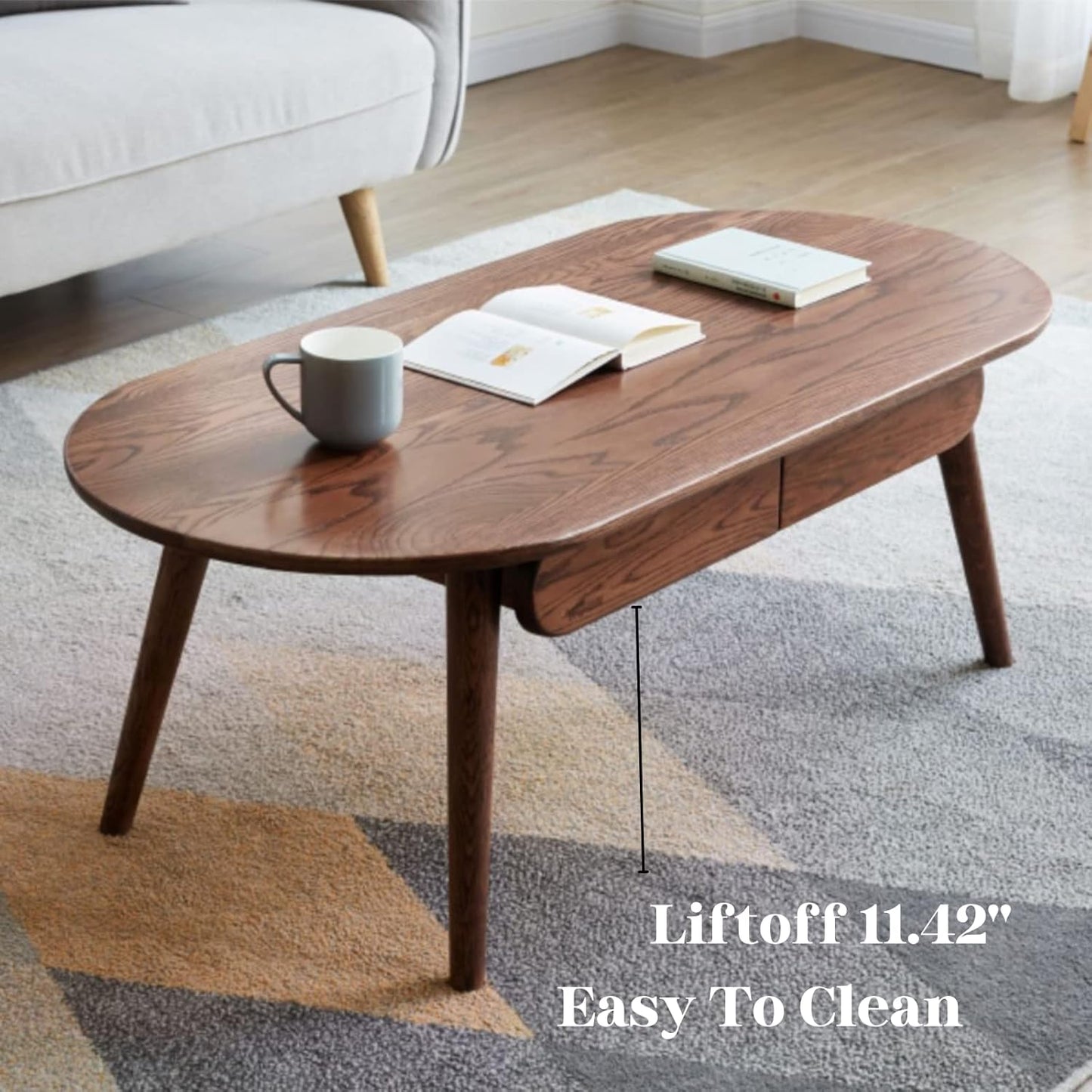 100% FAS Oak Coffee Table Space-Saving with 2 Drawers Walnut Color (39.37"/ 47.24")