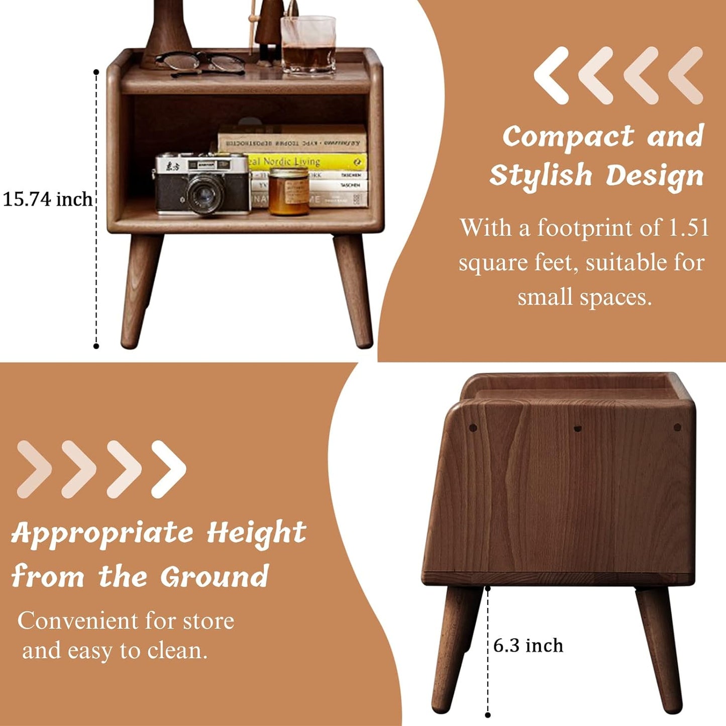 100% Solid Wood Bedside Table, Small Nightstand (Natural/Walnut)