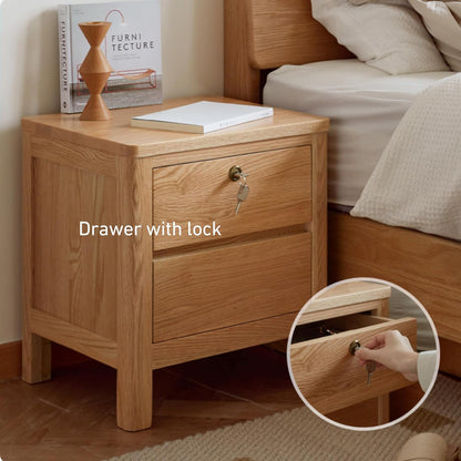 100% Solid Wood Bedside Table Locking Design Modern Minimalist Nightstand (Natural)