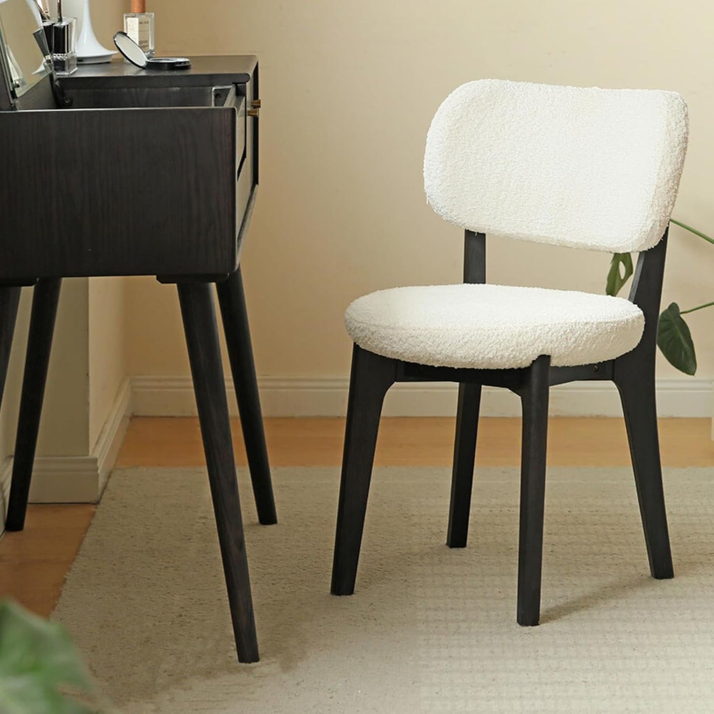 100% Solid Wood Vanity Chair With Curved Backrest  (Black/Natural)