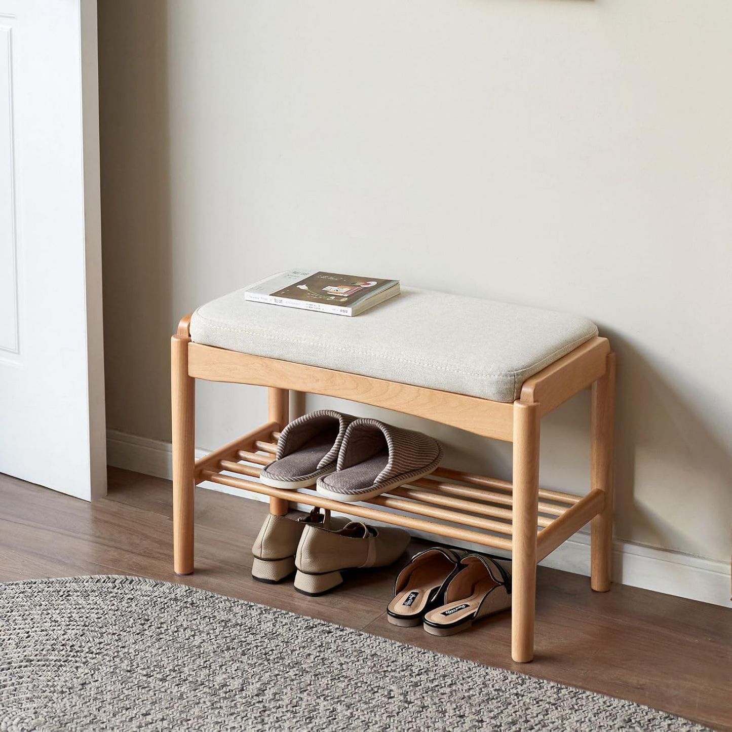 100% Solid Wood  Entryway Shoe Bench, End of Bed Bench (Original Wood / Natural / Walnut）