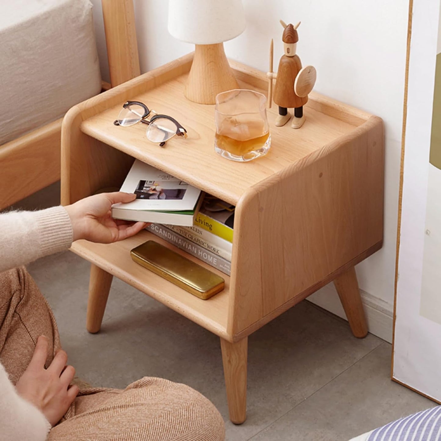 100% Solid Wood Bedside Table, Small Nightstand (Natural/Walnut)