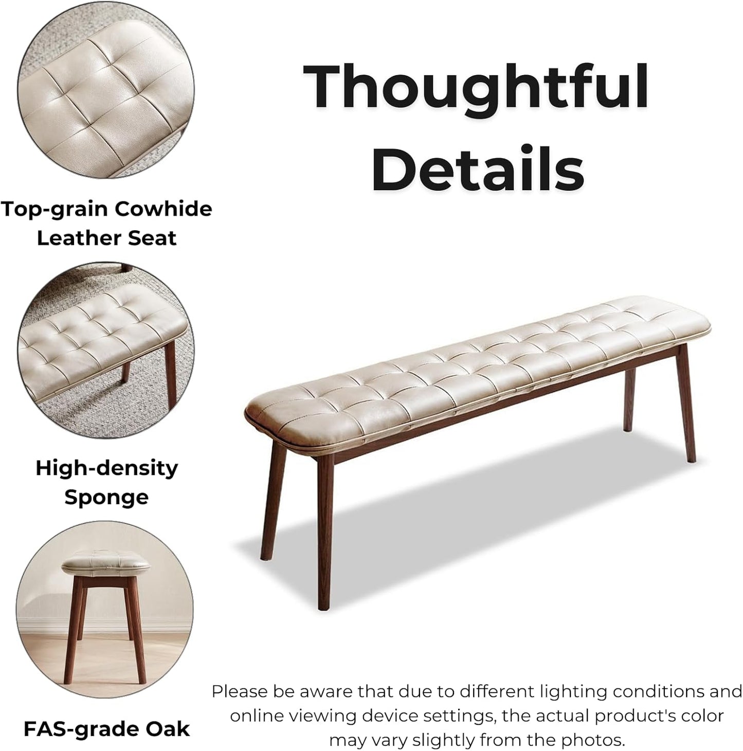 100% Solid Wood Beige Color Bedroom Bench Soft Leather Cushion (Off-white/Khaki/Brown)