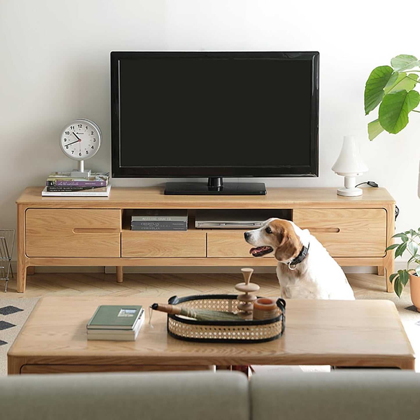 100% Solid Wood TV Cabinet with Large Storage Space (Natural)