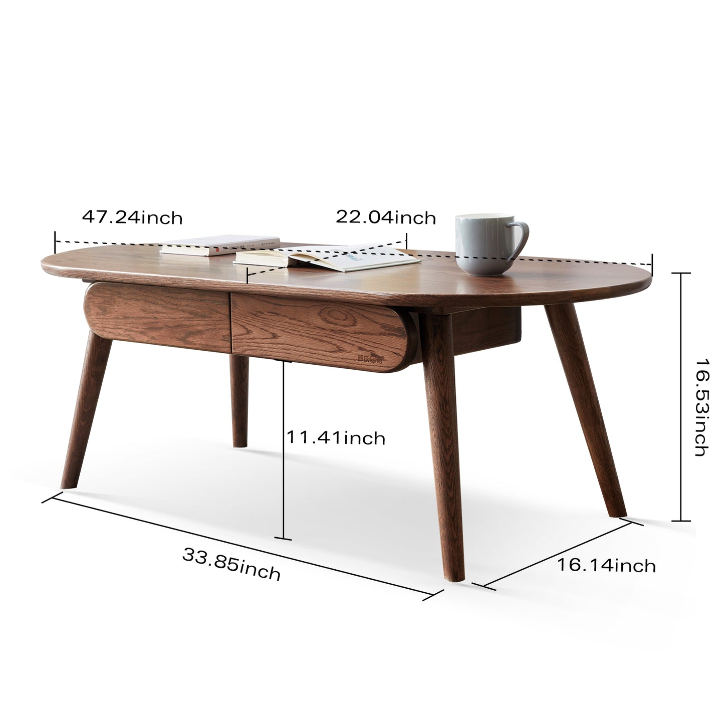 100% FAS Oak Coffee Table Space-Saving with 2 Drawers Walnut Color (39.37"/ 47.24")