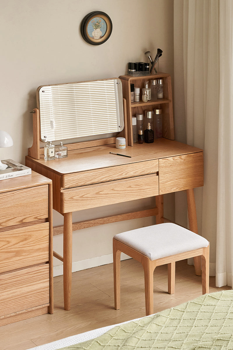 Simple Solid Wood Makeup Table with Cosmetic Mirror and Organizer (Natural)