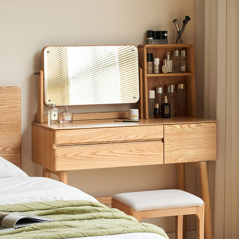 Simple Solid Wood Makeup Table with Cosmetic Mirror and Organizer (Natural)