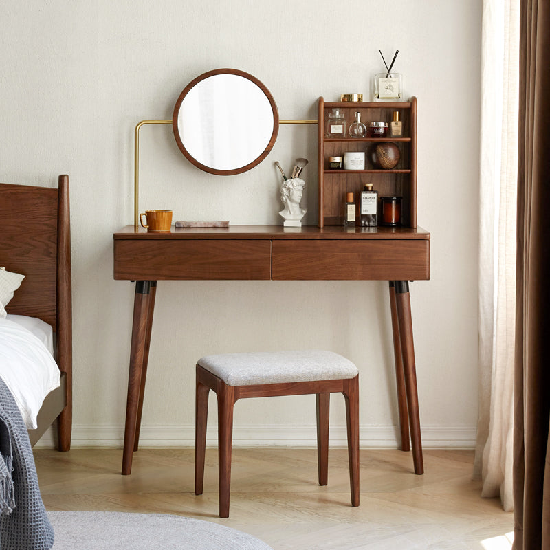 Mid-Century Classic Solid Wood Vanity Table with Vanity Mirror and Drawers (Walnut)