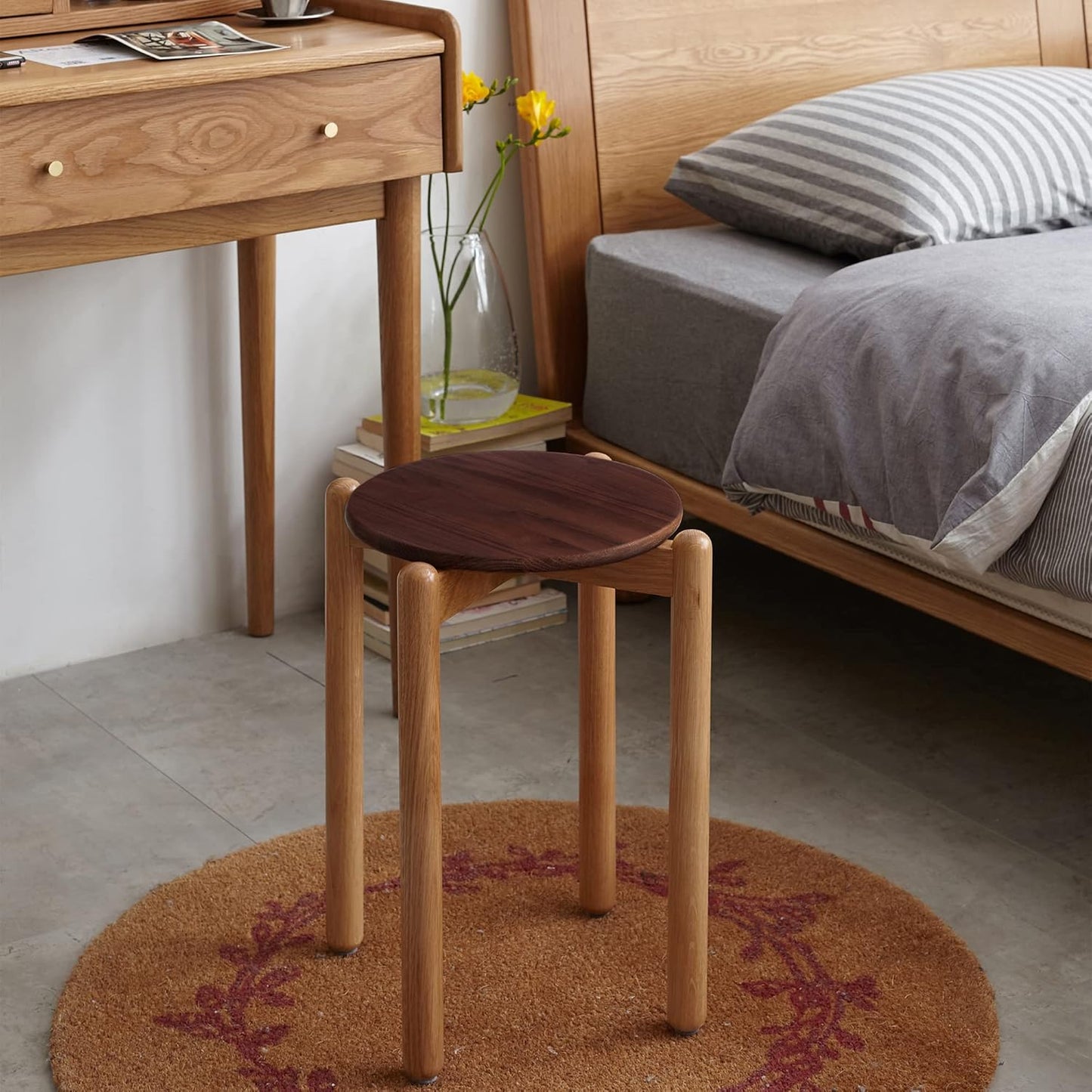 100% Solid Wood Stackable Stools Modern Barstools (Natural /Walnut)