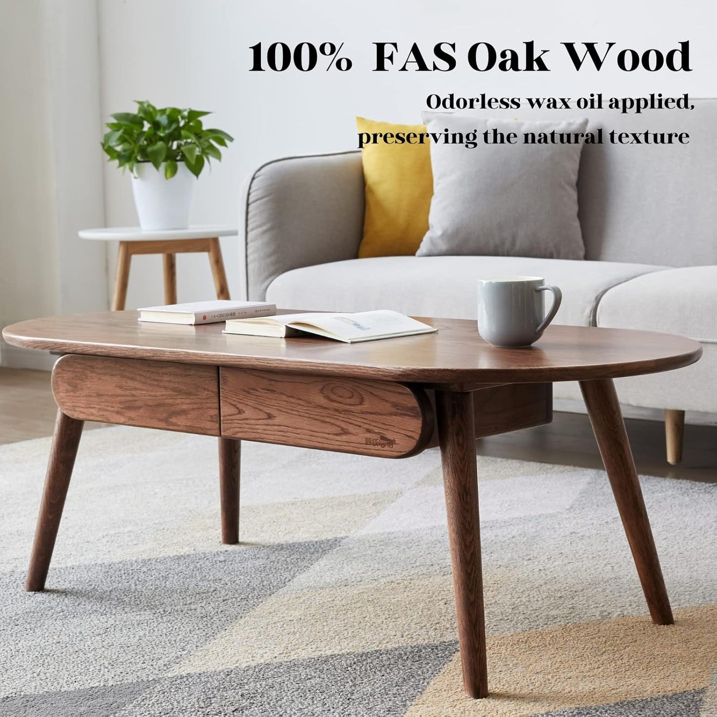 100% FAS Oak Coffee Table Space-Saving with 2 Drawers Walnut Color (39.37"/ 47.24")