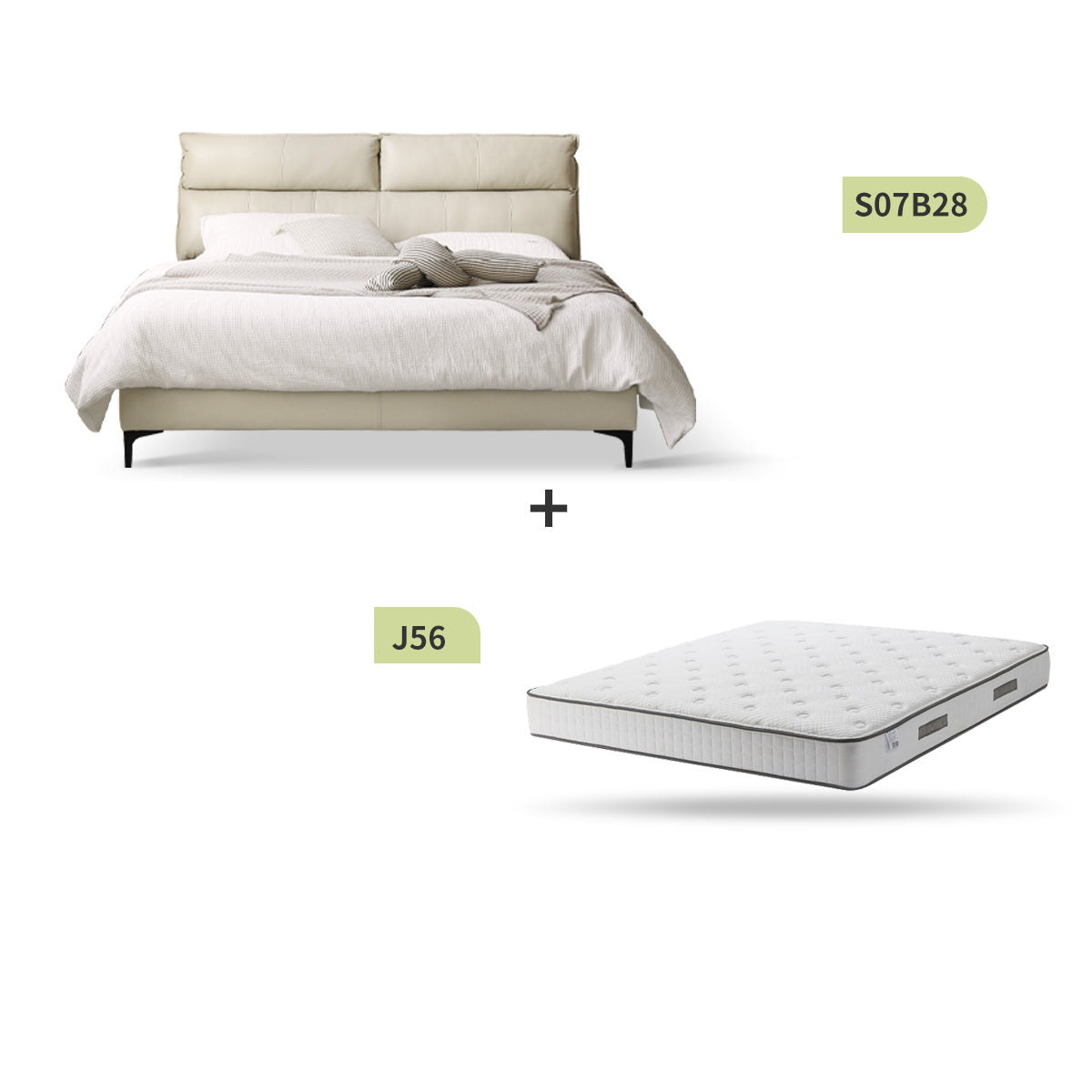 Modern Style Leather Double Bed with Mattress (White)