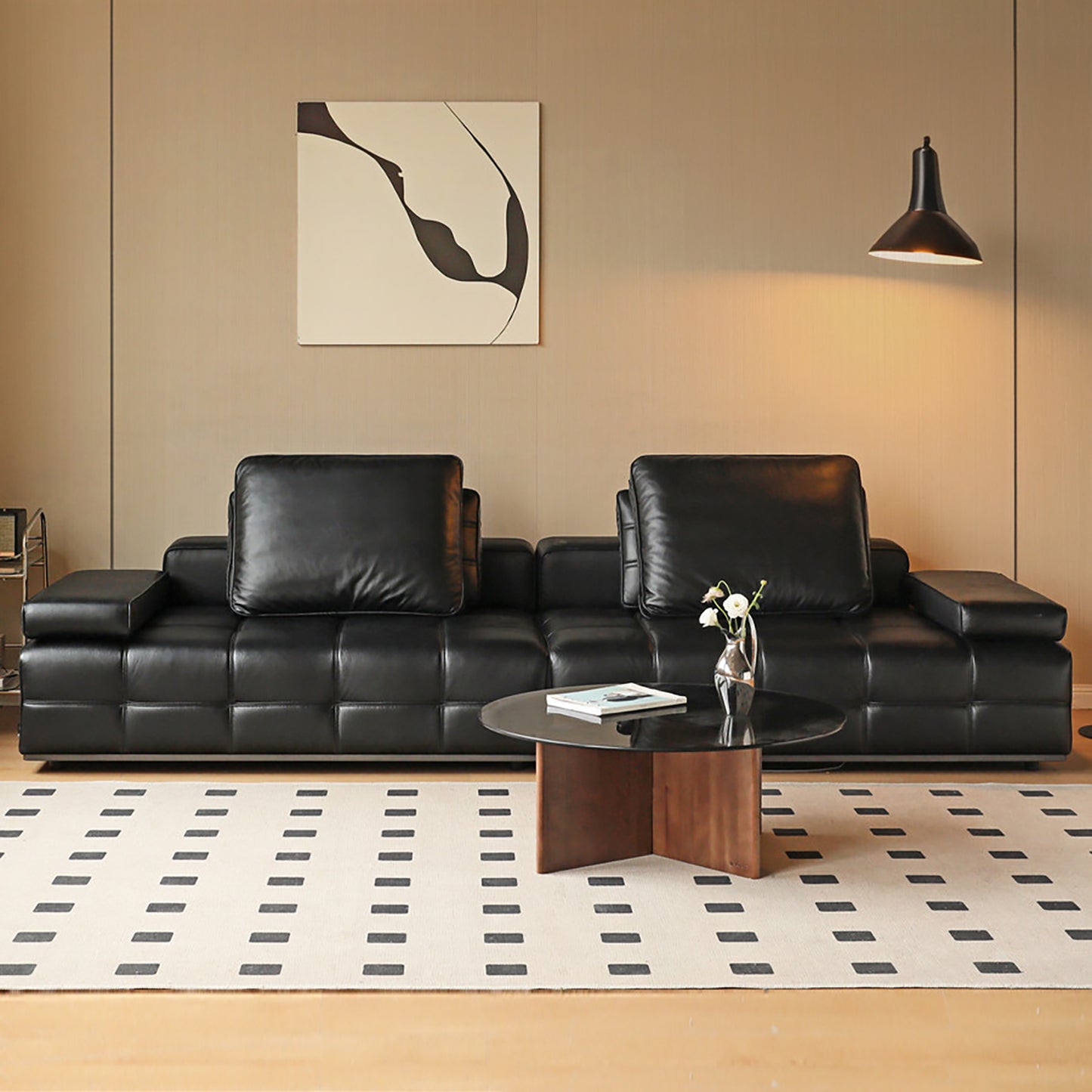 Lawrence Italian Minimalist Black Leather Sofa – Premium Top-Grain Crumple Leather