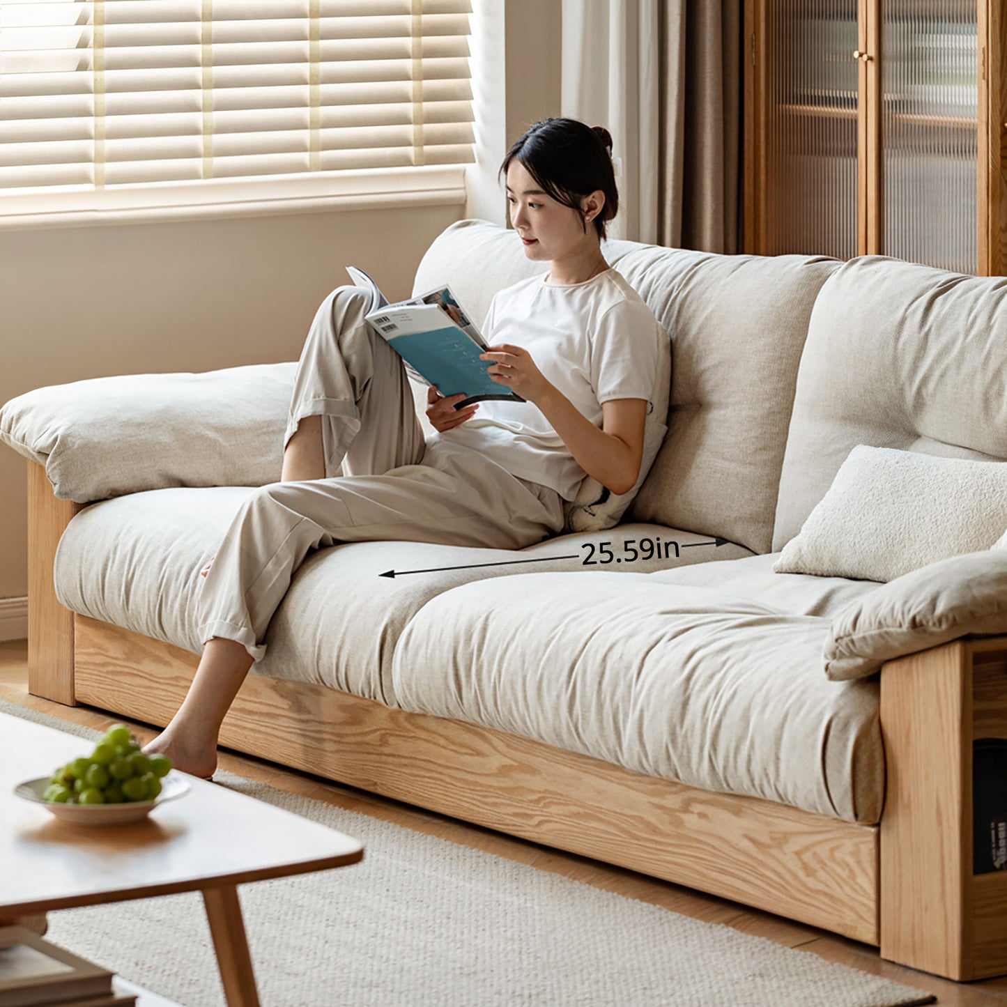 All-Solid Wood Storage Sofa – Modern Minimalist Oak Row Sofa for Small Living Rooms