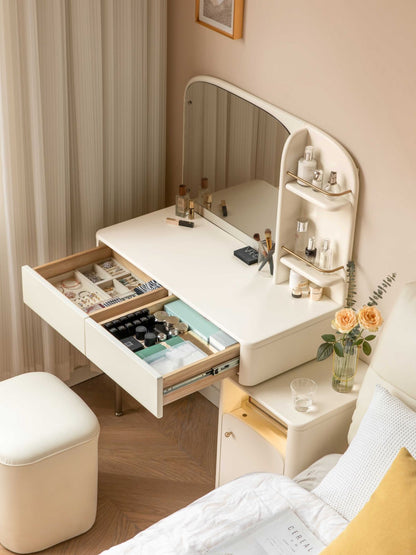 Extendable Solid Wood Makeup Table with Makeup Mirror and Organizer (Beige)