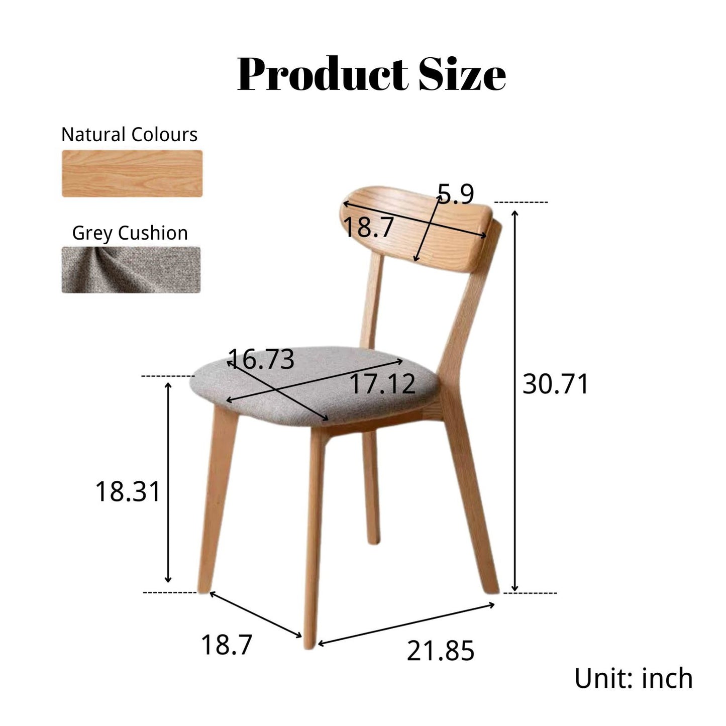 100%Oak Wood Upholstered Dining Chairs,  Oak Wood Kitchen Chairs with Wide Rounded Backrest