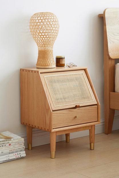 100% FAS Oak Wood Rattan Nightstand Side Table with Drawers (Natural)