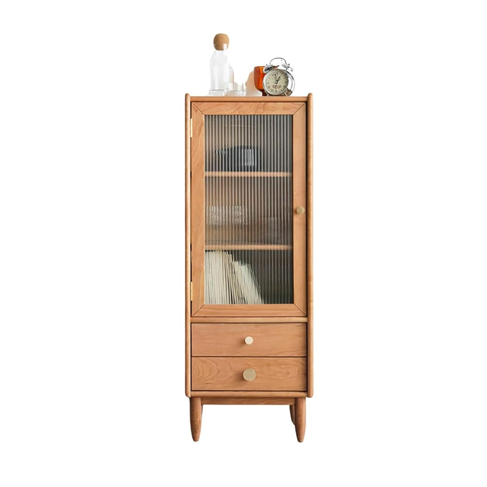 100% Solid Wood Storage Cabinet with Glass Doors and Drawers (Natural)