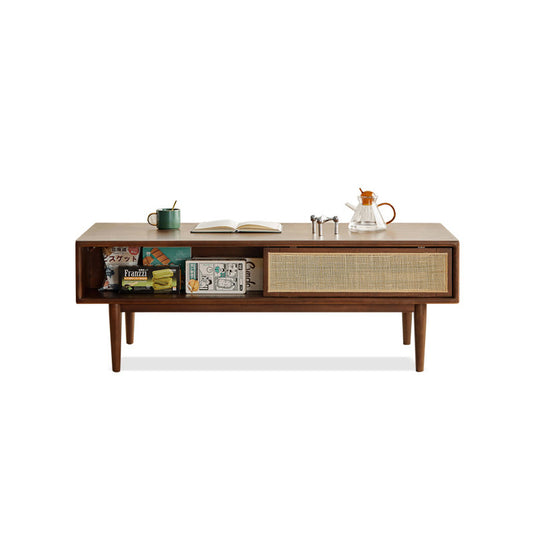 100% Soild Rubber Wood Modern Classic 100% Solid Wood Coffee Table with Rattan Sliding Door (Walnut)