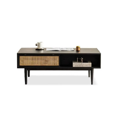 100% Soild Rubber Wood Modern Classic 100% Solid Wood Coffee Table with Rattan (Black)