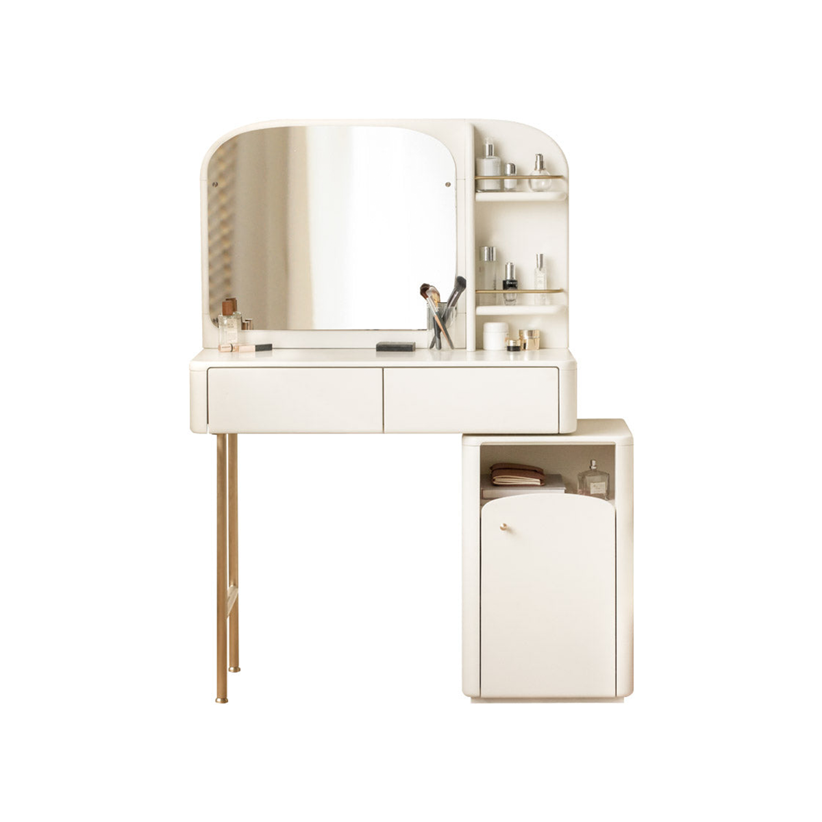 Extendable Solid Wood Makeup Table with Makeup Mirror and Organizer (Beige)